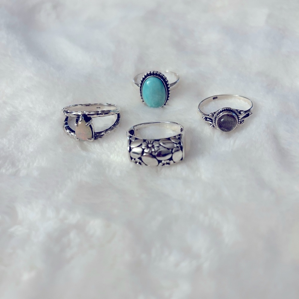 Silver and Gemstone Ring Set of Four- size 10